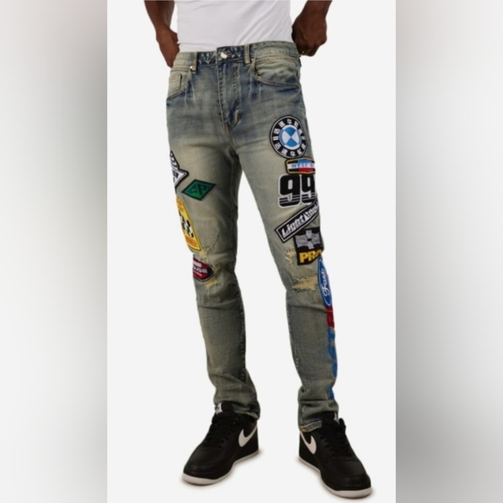 FIRST ROW Graphic Denim Racing Jeans